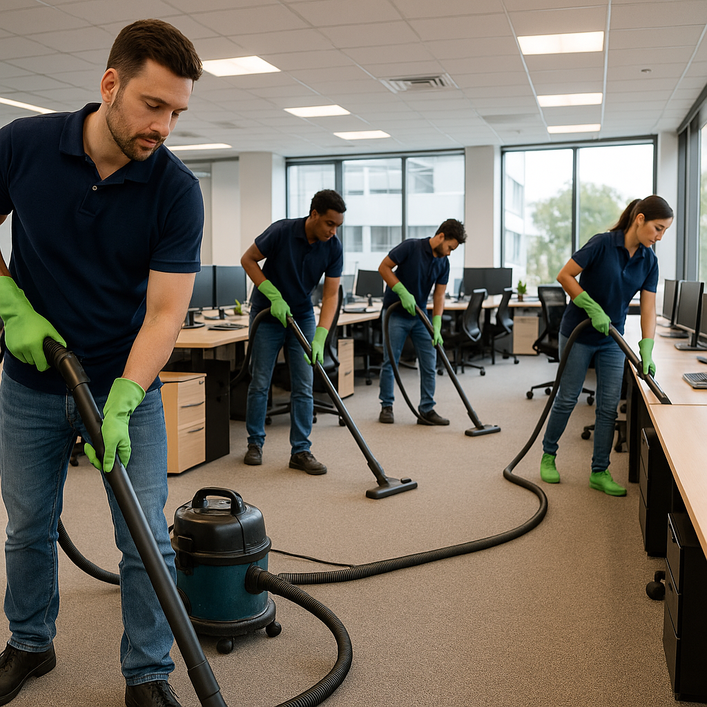 Office cleaning crew working in a modern workspace
