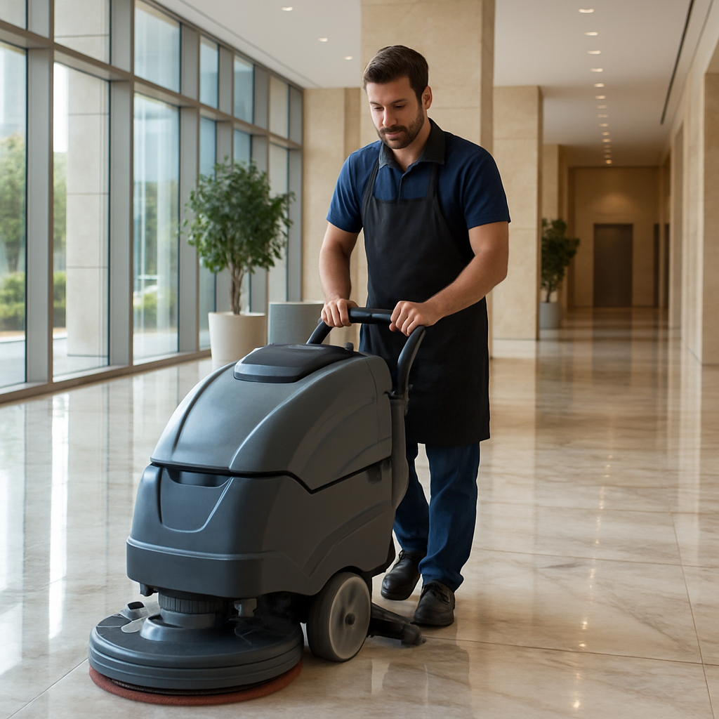 Marble lobby being cleaned by professional staff
