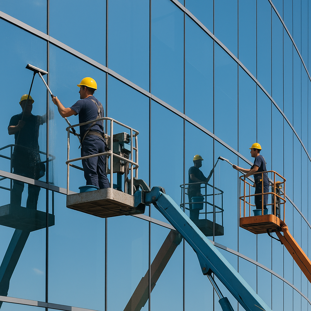 Professional window cleaners at work