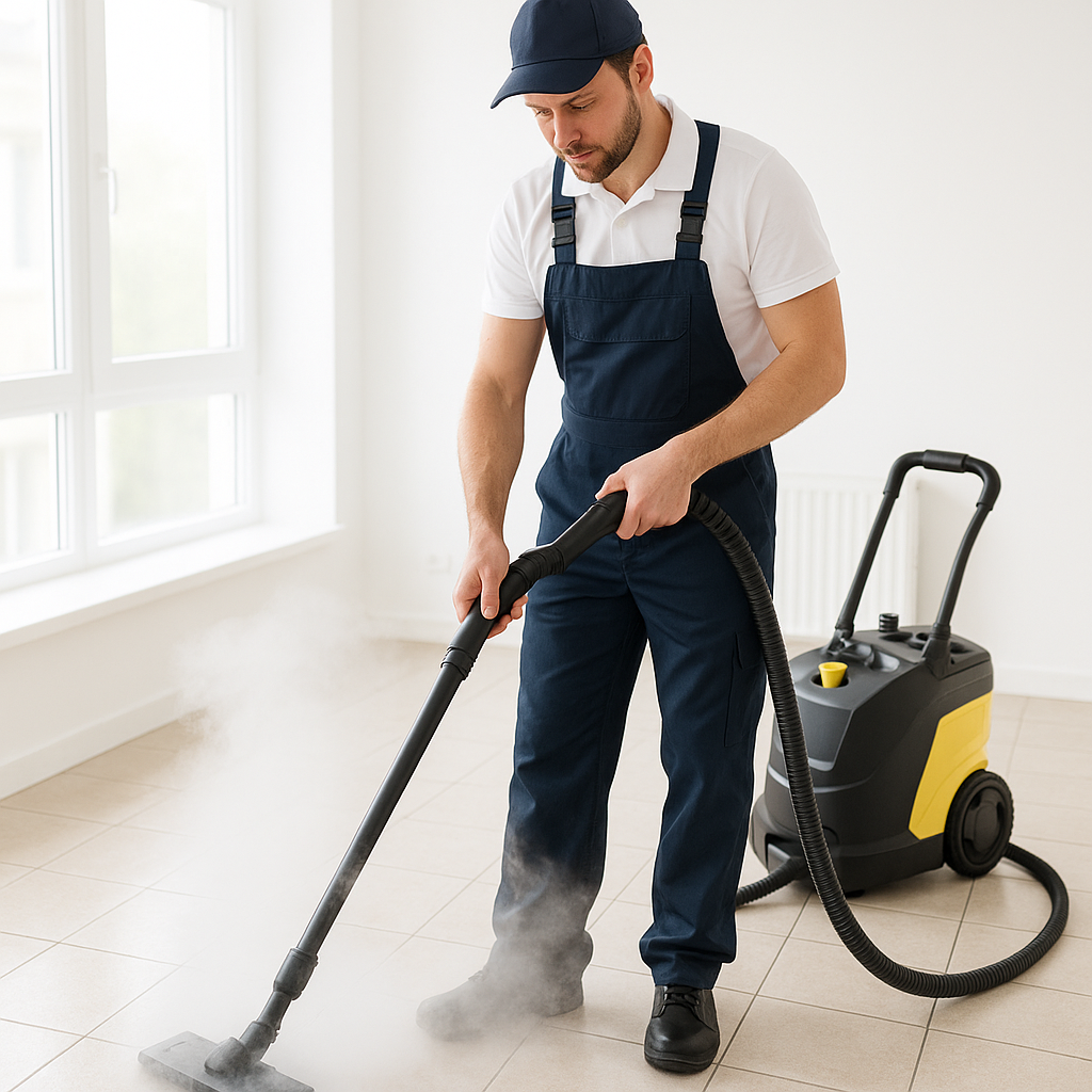 Steam cleaner in action for sanitizing surfaces